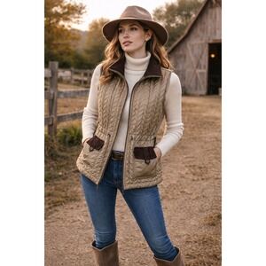 Casual Identity Taupe Quilted Vest Faux Leather Trim‎ Zip Gorpcore Sz L